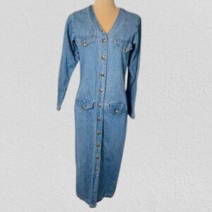 Vintage 90s Button-Up Denim Maxi Dress / Retro 90s Lead Front Button XS/S
